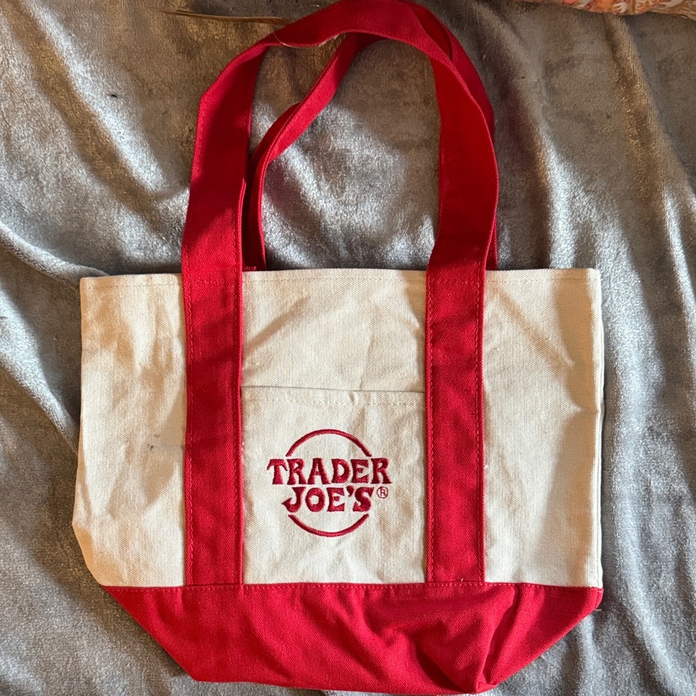 Trader Joe's Red and Cream Canvas Mini Tote Bag 13 inches long by 10.5 inches
